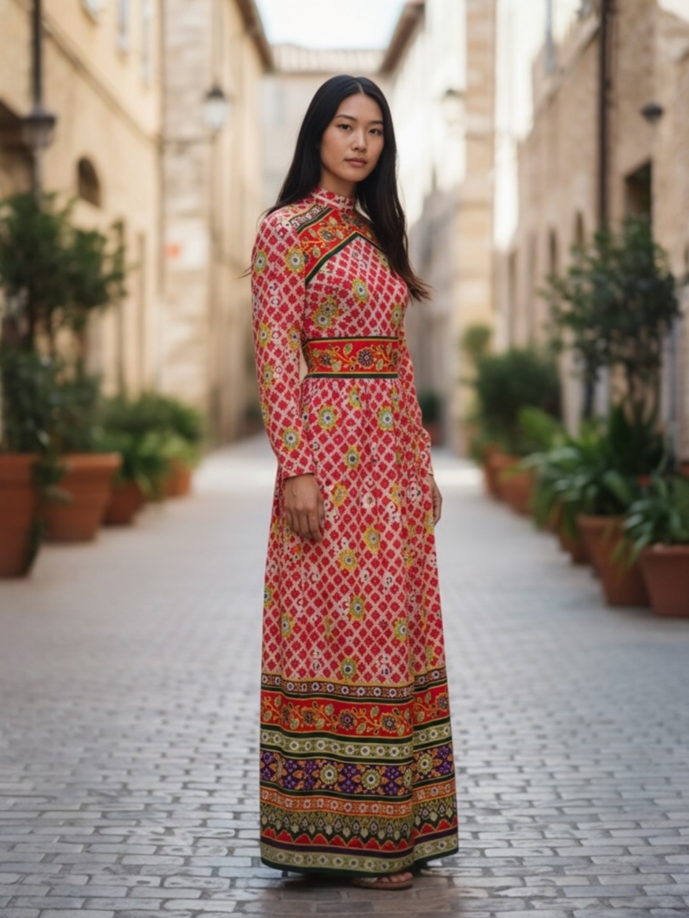 1960 Pink Floral Geometric Print LS Dress